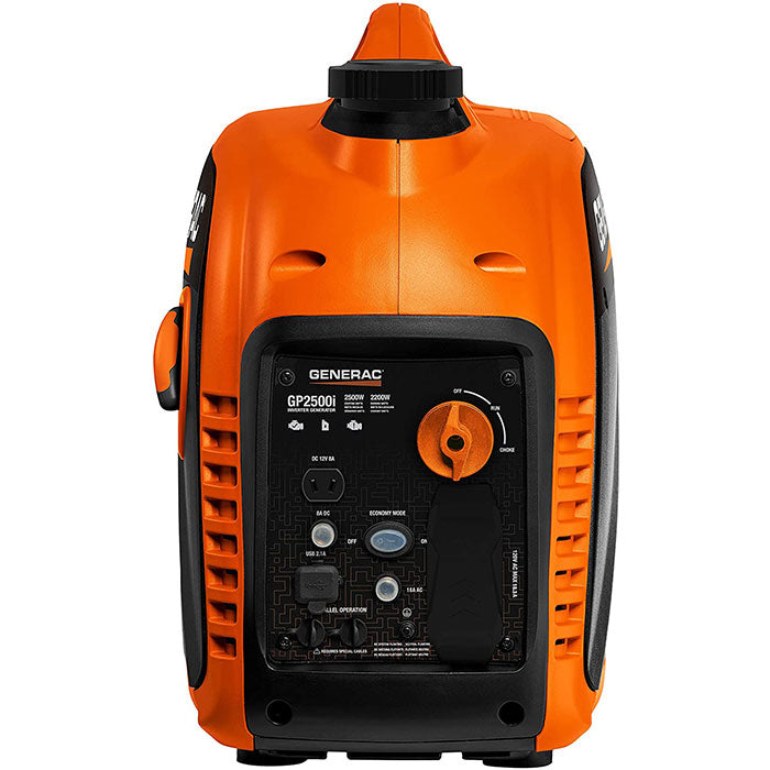 A straight-on view of the control panel side of the orange and black Generac GP2500i 2200W portable inverter generator, showing the PowerDial, outlets, and the engine compartment vents.