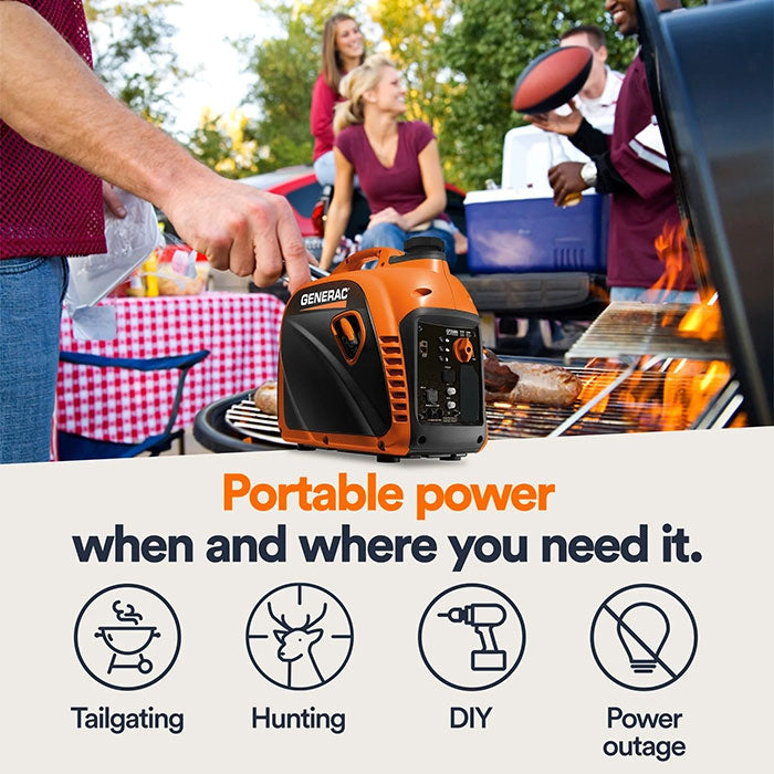 A Generac GP2500i portable inverter generator sits on a picnic table as a group of people grill and tailgate outdoors, with text overlaying the image that reads "Portable power when and where you need it."