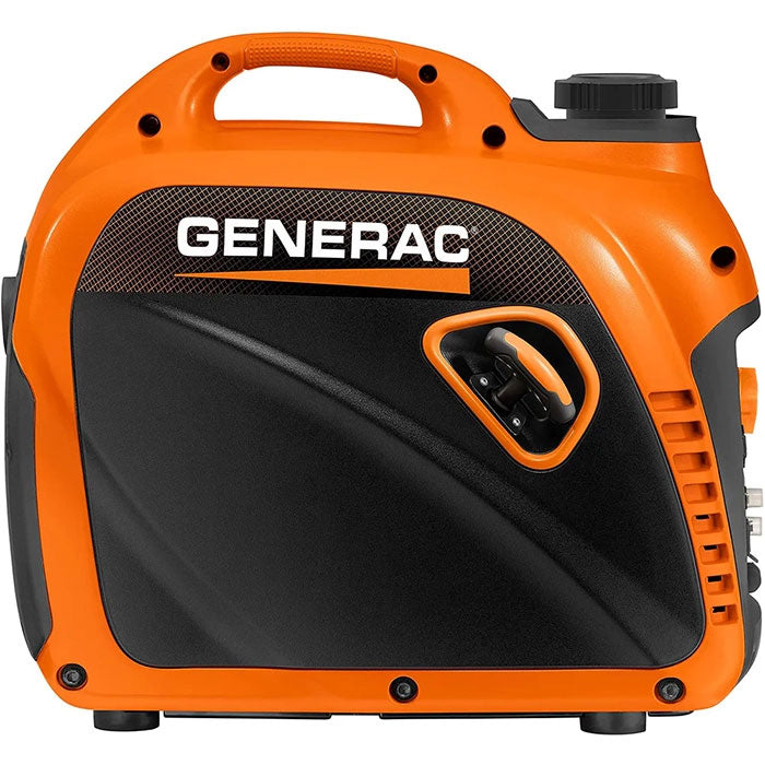 A profile view of the Generac GP2500i portable inverter generator with the product name and Generac logo clearly visible on the side panel, emphasizing the compact, suitcase-style design.