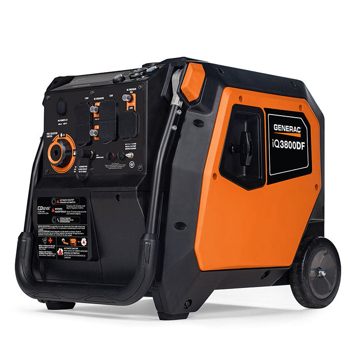 Angled side view of the orange and black Generac iQ3800 Portable Inverter Generator - Model 8944, highlighting the plastic casing, wheels, and integrated handle.