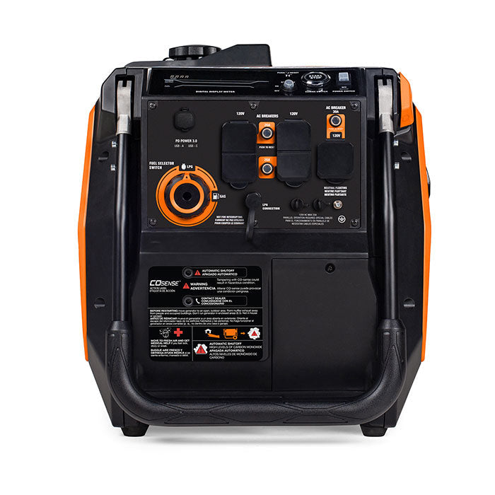 Back view of the orange and black Generac iQ3800 Portable Inverter Generator - Model 8944, showing the control panel with outlets, a round dial, and an LED display.