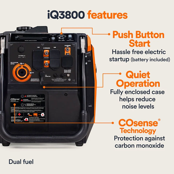 The Generac iQ3800 Portable Inverter Generator - Model 8944 is shown with text callouts for its key features: Push Button Start, Quiet Operation, and COsense Technology.