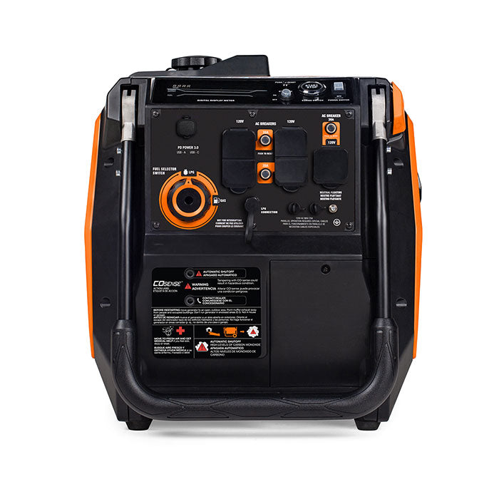 Back view of the orange and black Generac iQ5200 DF Portable Inverter Generator - Model 8945, showing the control panel with an LCD screen, covered outlets, and a large round dial.
