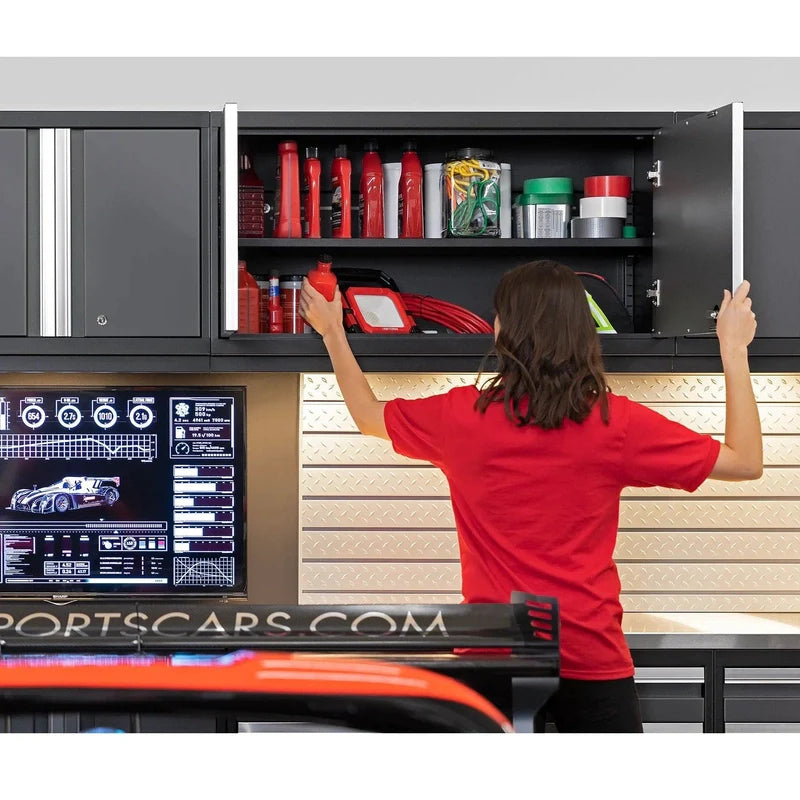 NewAge Pro 3.0 Series 9-Piece Cabinet Set With Wall, Base, Tool Drawer Cabinet, Lockers, Utility Cart and 84 in. Worktop