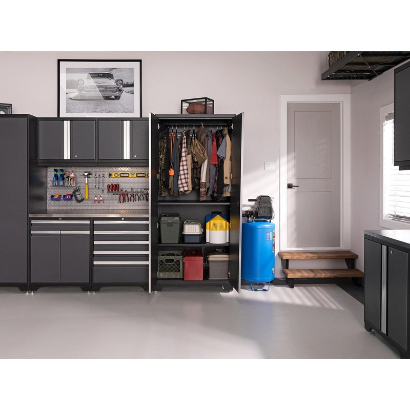 NewAge Pro Series Gray 10 Piece Cabinet Set With Wall, Tool Drawer, Multi-Function Cabinet, Lockers and 112 in. Worktop