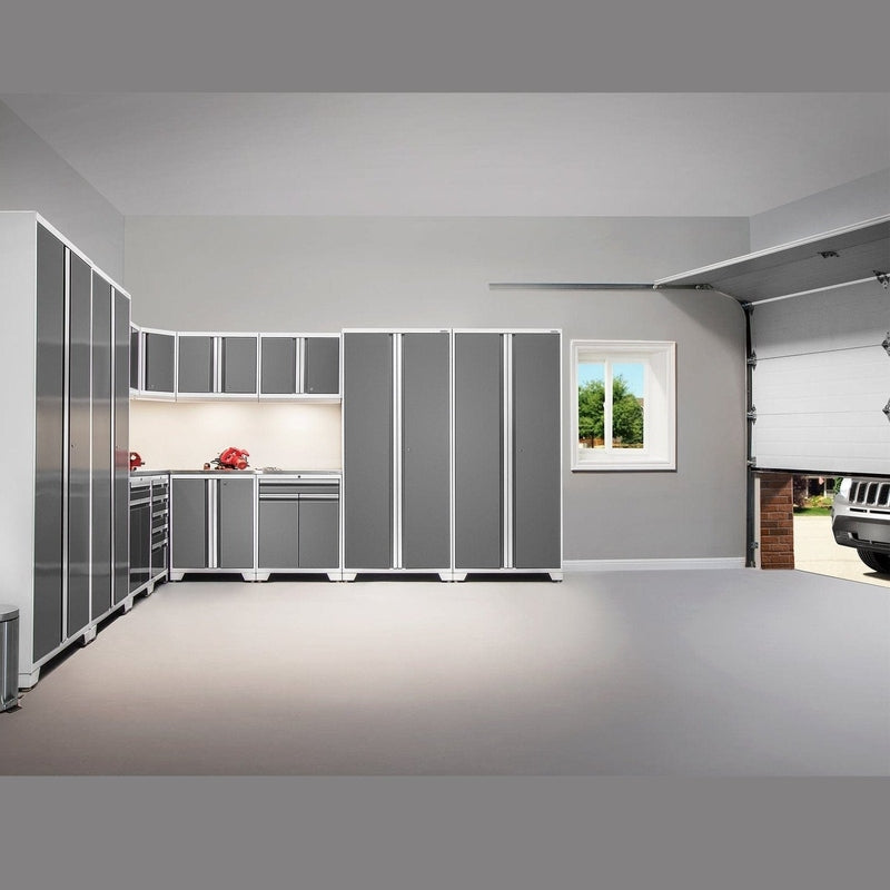 NewAge Pro Series 8 Piece Cabinet Set With Wall, Base, Tool Drawer Cabinet, Lockers and 84 in. Worktop