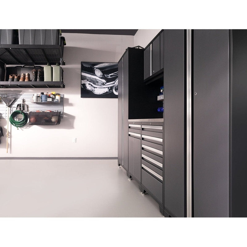 NewAge Pro Series 9 Piece Cabinet Set With Wall, Base, Tool Drawer Cabinet, 56 in. Integrated Shelf and 112 in. Worktop