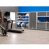 NewAge Pro Series 9 Piece Cabinet Set With Wall, Base, Tool Drawer Cabinet, 56 in. Integrated Shelf and 112 in. Worktop