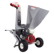 The Dosko 13-21T-13H Brush Chipper with a Honda GX engine, red and black frame, and large tires on a gray and white checkered background.