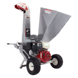 The Dosko 13-21T-13H Brush Chipper with a Honda GX engine, red and black frame, and large tires on a gray and white checkered background.