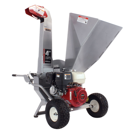 The Dosko 13-21T-13H Brush Chipper with a Honda GX engine, red and black frame, and large tires on a gray and white checkered background.