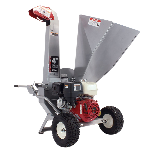 The Dosko 13-21T-13H Brush Chipper with a Honda GX engine, red and black frame, and large tires on a gray and white checkered background.