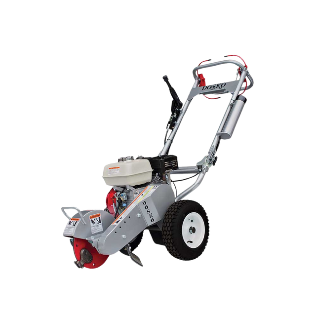 The Dosko 200-6HC Mini Stump Grinder with a Honda GX engine, cyclone air cleaner, and foldable handles is shown against a transparent background.