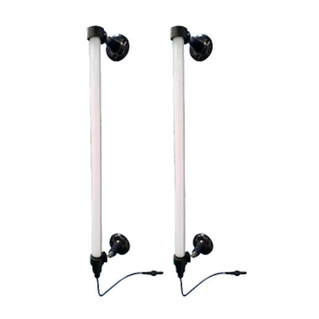 Two white AMGO LED Light Kits for 2-post lifts, shown vertically with black magnetic mounting brackets and attached power cords on a white background. The kit features bright LEDs that are compatible with 110VAC to 220VAC input power and operate at 24VDC.