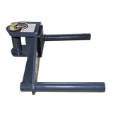 A navy-blue AMGO Wheel Support Adapter for Two-Post Lifts, with its four main components visible: a flat base, a vertical post with an eye hook, and two support arms, against a transparent background.