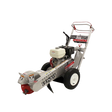 The Dosko 337-13HC Walk-Behind Stump Grinder with a Honda GX engine and adjustable handlebars is displayed against a gray and white checkered background.