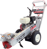 The Dosko 337S-13HC swivel stump grinder with a Honda GX engine on a transparent, gray and white checkered background.
