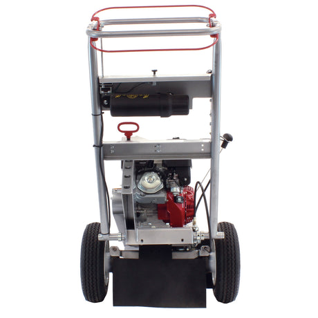 A close-up of the red Honda GX engine and "CYCLONE CLEANER" on the Dosko 337S-13HC swivel stump grinder.