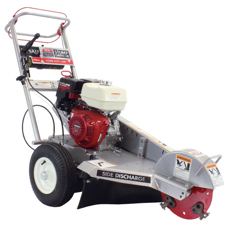 A side view of the Dosko 337S-13HC swivel stump grinder with a Honda GX engine on a white background, highlighting the cutting wheel and side discharge frame.
