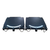 A pair of black and silver AMGO 40101 Turn Plates, designed for wheel alignment, with visible rotational scales and a compact, heavy-duty build, shown on a white background.