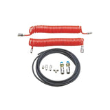 AMGO Airline Kit, a set of red coiled hoses, a black rubber hose, and assorted silver metal fittings, arranged on a white background.
