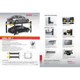 A brochure for the AMGO 407-P-DX 4-Post Parking Lift, featuring two cars stacked on a lift, and detailed information about its exclusive features, optional parts, and specifications with diagrams.