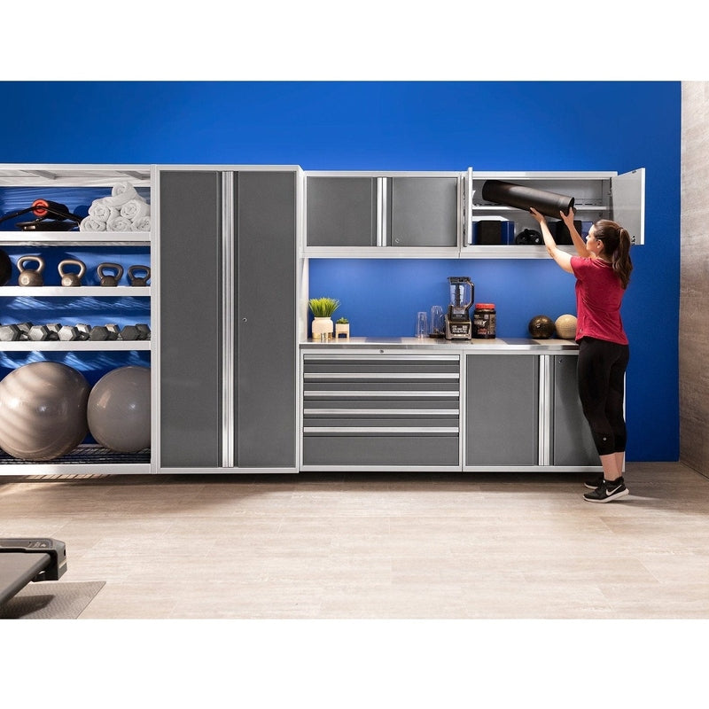 NewAge Pro Series 9 Piece Cabinet Set With Wall, Base, Tool Drawer Cabinet, 56 in. Integrated Shelf and 112 in. Worktop