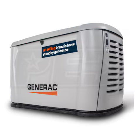 An angled front view of the Generac 14kW Air-Cooled Standby Generator - Model 7259, showing its white composite enclosure with the Generac logo and a label that says "#1 selling brand in home standby generators".