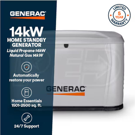 The Generac 14kW Home Standby Generator - Model 7259 is shown with a "5 Year Warranty" badge and text highlighting its "14kW Home Standby Generator", "Automatically restore your power" and "24/7 Support".