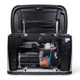 An internal view of the open Generac 14kW Air-Cooled Standby Generator - Model 7259, showing the engine components and black muffler.