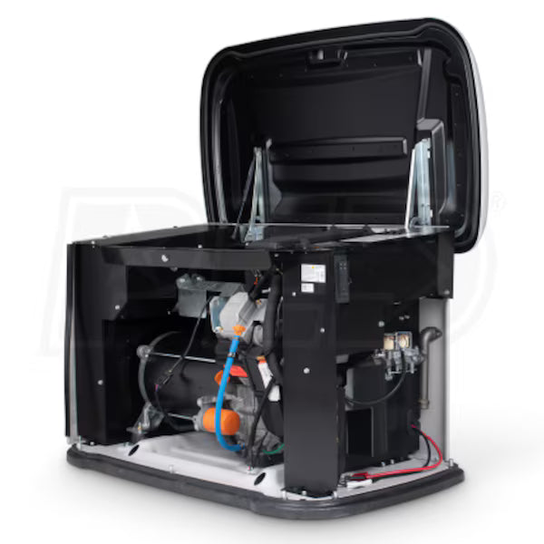 An angled internal view of the open Generac 14kW Air-Cooled Standby Generator - Model 7259, showing the engine, wiring, and battery within the gray composite enclosure.