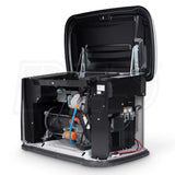 An angled internal view of the open Generac 14kW Air-Cooled Standby Generator - Model 7259, showing the engine, wiring, and battery within the gray composite enclosure.