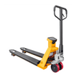A yellow and black EKKO A25W Manual Pallet Jack with a scale and an ergonomic handle, with red polyurethane wheels on a white background.