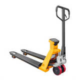 A yellow and black EKKO A25W Manual Pallet Jack with a scale and an ergonomic handle, with red polyurethane wheels on a white background.