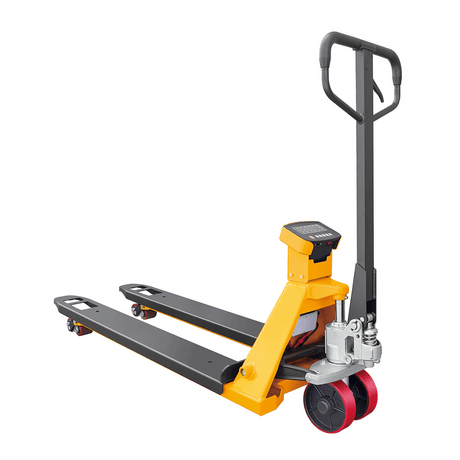 A yellow and black EKKO A25W Manual Pallet Jack with a scale and an ergonomic handle, with red polyurethane wheels on a white background.