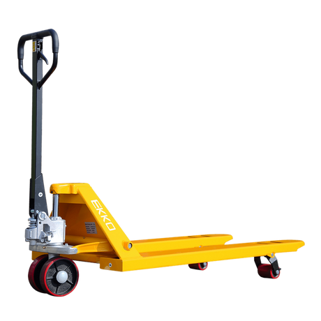 A side view of the yellow EKKO A25 Manual Pallet Jack with an ergonomic handle on a transparent background.