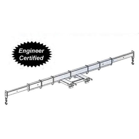 A line drawing of a long, adjustable Haugen spreader bar with a black 'Engineer Certified' seal overlaying the top left corner.