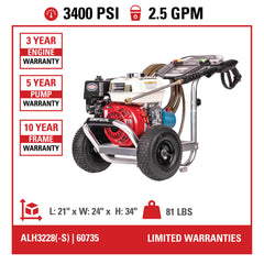 Simpson 3400 PSI 2.5 GPM Cold Water Gas Pressure Washer with HONDA GX200 Engine ALH3228-S