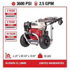 Simpson 3600 PSI 2.5 GPM Cold Water Gas Pressure Washer with HONDA GX200 Engine ALH3425-S