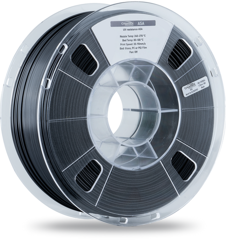 A close-up shot of a CreatBot ASA 1.75mm 1kg 3D printer filament spool in black, with a clear label on the front that details its key attributes and specifications, including material type, diameter, weight, and color.