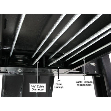 A close-up of the Atlas APEX9's lift pulley system with 1/4" diameter cables and 6" steel pulleys.