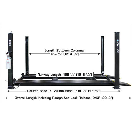 A diagram of the black Atlas APEX9 4-post lift, showing the 184 1/4" length between columns, 196 1/2" runway length, and a 204" overall length without ramps.