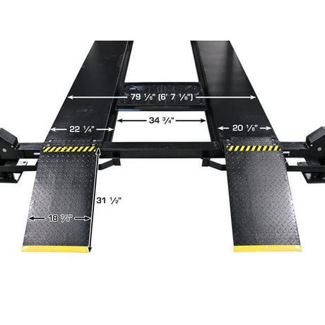  A diagram of the black Atlas APEX9 4-post lift, showing the 79" outside-to-outside runway width and a 20 1/8" runway width.