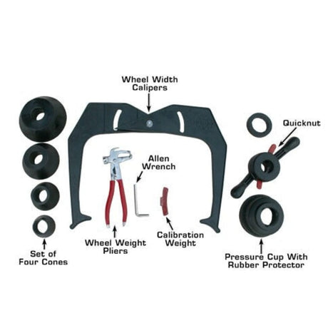 A detailed diagram of the included accessories for the Atlas WB49-2, including a quick nut, wheel width calipers, an Allen wrench, wheel weight pliers, and four centering cones.