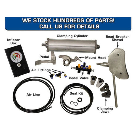 An assortment of replacement parts for the Atlas TC229LH Rim Clamp Tire Changer, including the clamping cylinder, inflator box, bead breaker shovel, mount head, air lines, and clamping jaws, with the text "WE STOCK HUNDREDS OF PARTS! CALL US FOR DETAILS."