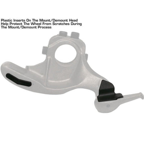 A close-up of the metal mount/demount head for the Atlas® TC289DAA tire changer, showing the black replaceable plastic inserts that protect the wheel from scratches.