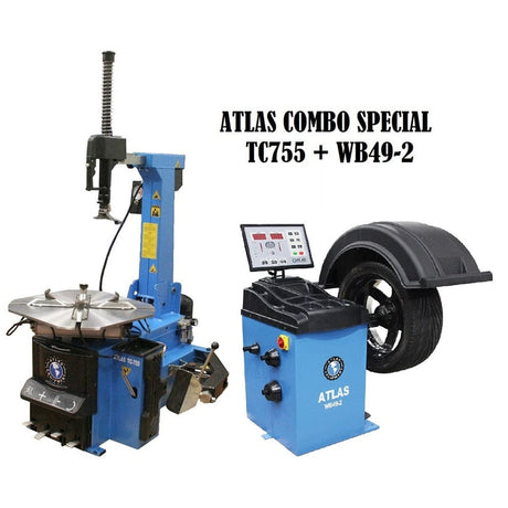 A full view of the Atlas TC755DAA Tire Changer & WB49-2 Wheel Balancer Combo, showcasing both machines side by side.