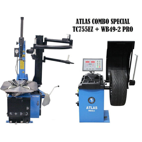 A full view of the Atlas TC755EZ Tire Changer and the Atlas WB49-2 Wheel Balancer side-by-side on a white background, with text "ATLAS COMBO SPECIAL TC755EZ + WB49-2 PRO".
