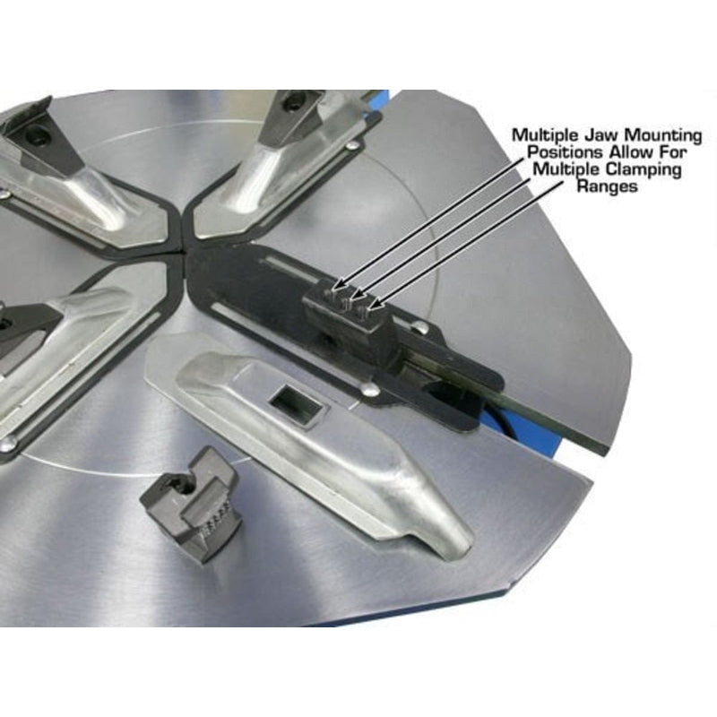 A detailed close-up of the Atlas® TC755 tire changer's jaws, with an overlay text pointing out the "Multiple Jaw Mounting Positions" that allow for multiple clamping ranges.