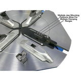 A detailed close-up of the Atlas® TC755 tire changer's jaws, with an overlay text pointing out the "Multiple Jaw Mounting Positions" that allow for multiple clamping ranges.